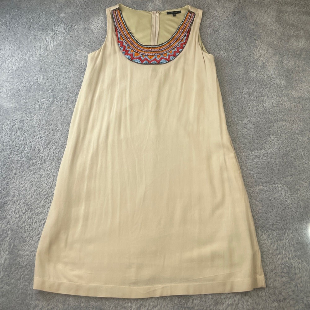 QUINN Shift Dress Womens S Cream Beaded Neckline Rayon Sleeveless Southwestern